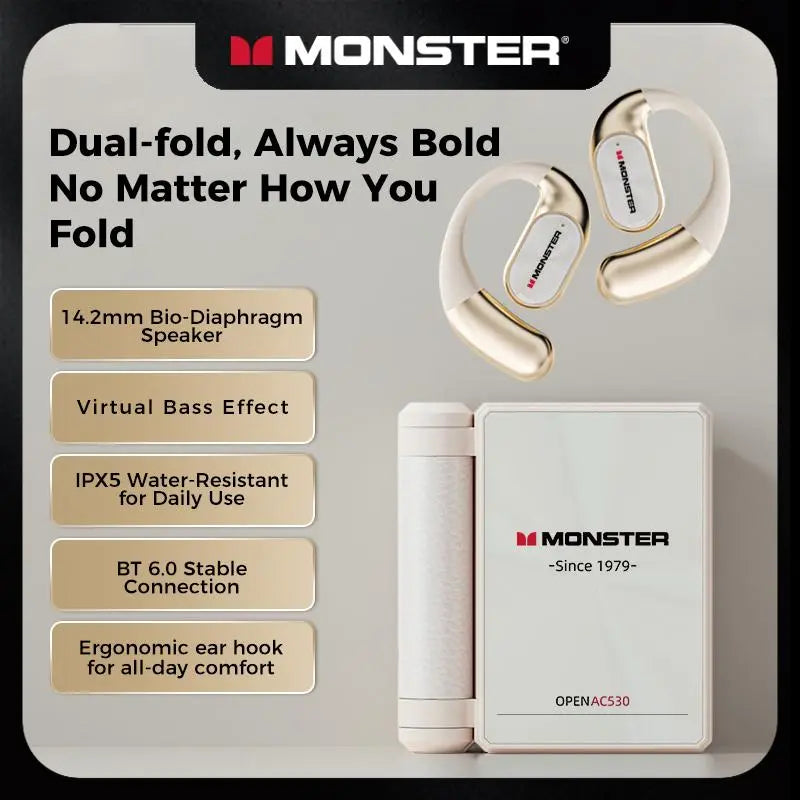 Monster Open-Ear Bluetooth Earbuds | 165H Battery, Noise-Cancelling Mic & Sweatproof – Dual-Fold Design for Running, Workouts & Driving