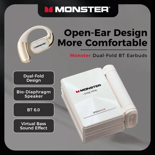Monster Open-Ear Bluetooth Earbuds | 165H Battery, Noise-Cancelling Mic & Sweatproof – Dual-Fold Design for Running, Workouts & Driving
