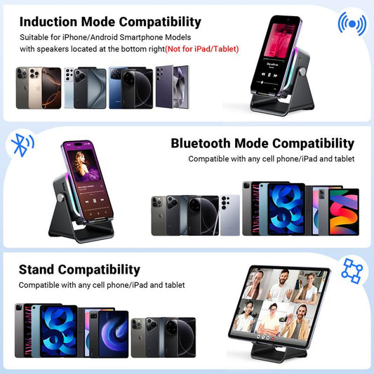 PUTARE 5-in-1 Wireless Speaker Stand | Phone/Tablet Holder with 3500mAh Power Bank – 360° Adjustable, Ambient Light for Desk & Home