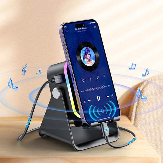 PUTARE 5-in-1 Wireless Speaker Stand | Phone/Tablet Holder with 3500mAh Power Bank – 360° Adjustable, Ambient Light for Desk & Home