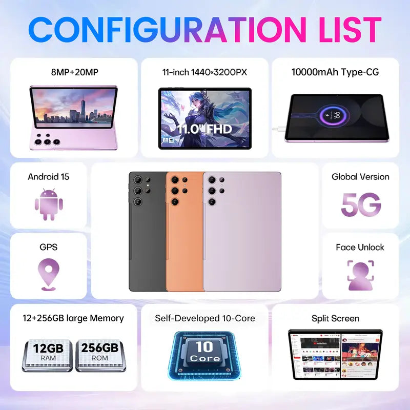 W&O 11" Android Tablet | 12GB RAM, 256GB Storage & 10000mAh Battery – Complete Kit with Keyboard, Stylus & Case for Work & Study