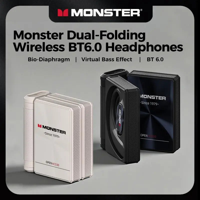 Monster Open-Ear Bluetooth Earbuds | 165H Battery, Noise-Cancelling Mic & Sweatproof – Dual-Fold Design for Running, Workouts & Driving
