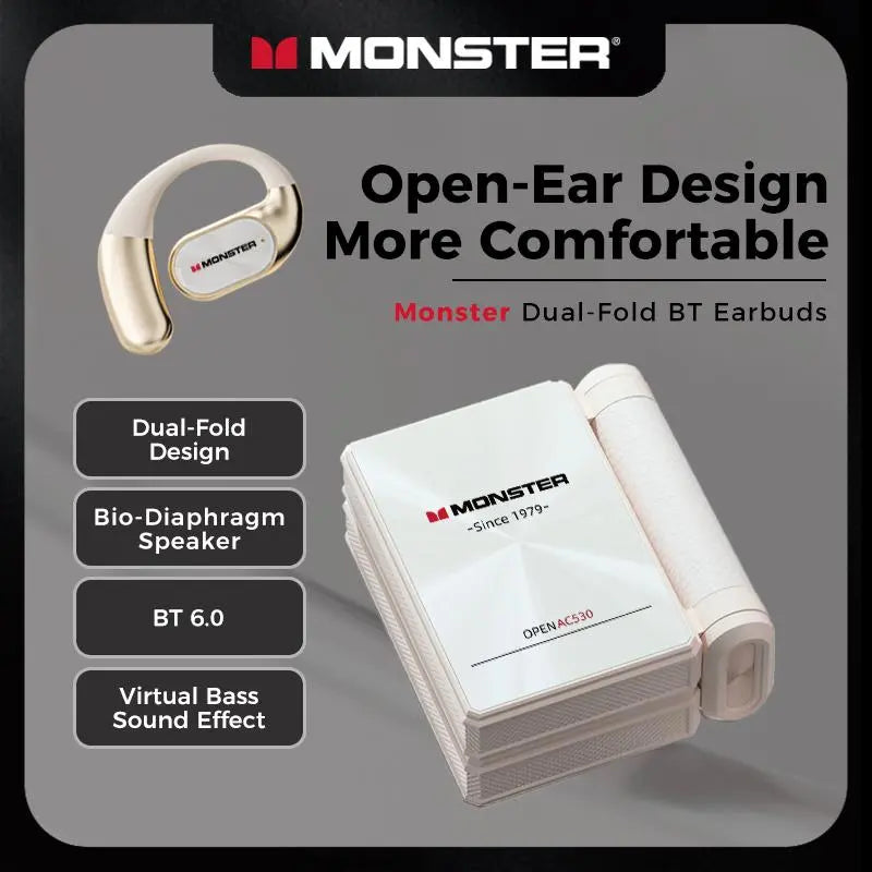 Monster Open-Ear Bluetooth Earbuds | 165H Battery, Noise-Cancelling Mic & Sweatproof – Dual-Fold Design for Running, Workouts & Driving