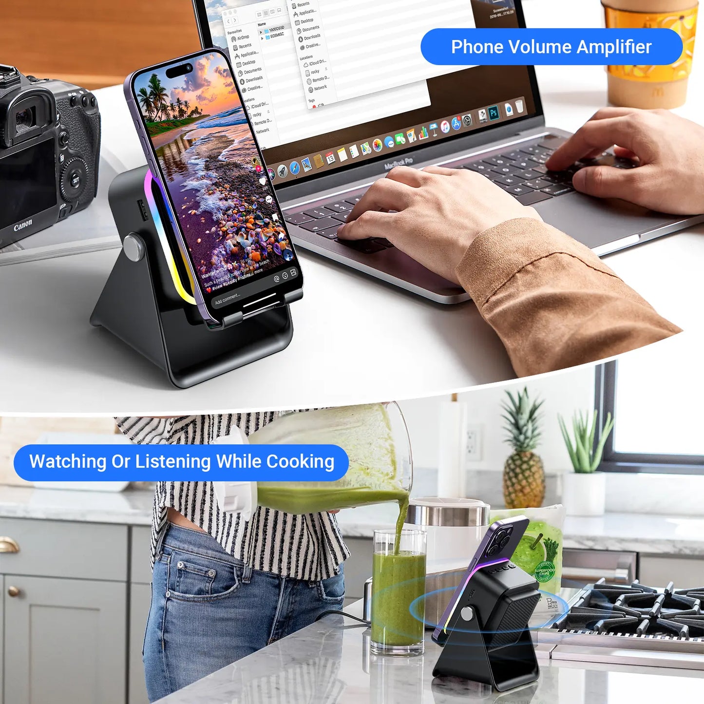 PUTARE 5-in-1 Wireless Speaker Stand | Phone/Tablet Holder with 3500mAh Power Bank – 360° Adjustable, Ambient Light for Desk & Home