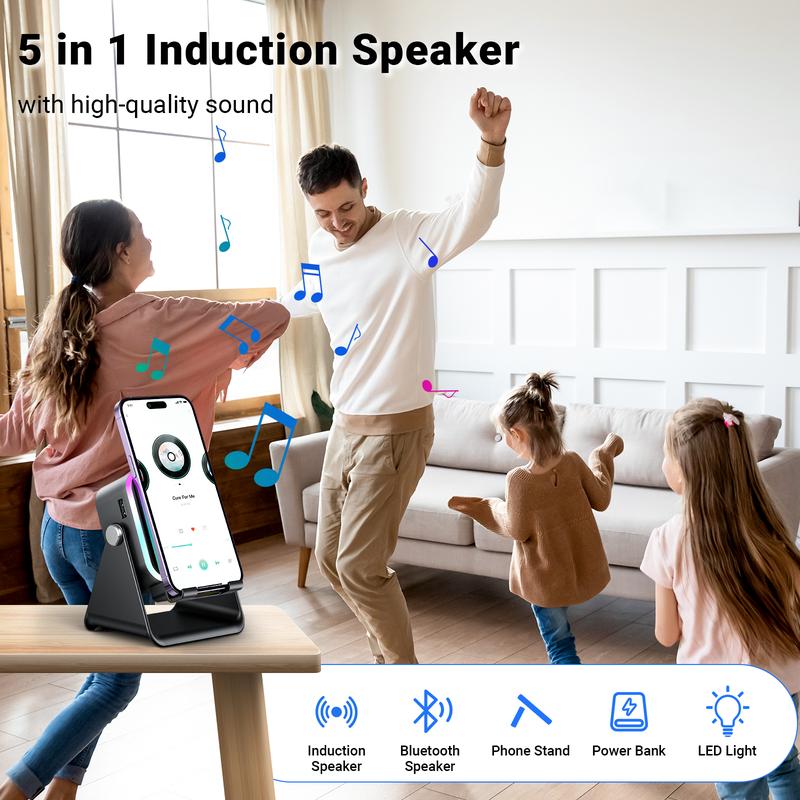 PUTARE 5-in-1 Wireless Speaker Stand | Phone/Tablet Holder with 3500mAh Power Bank – 360° Adjustable, Ambient Light for Desk & Home
