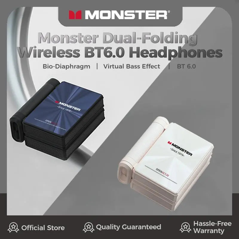 Monster Open-Ear Bluetooth Earbuds | 165H Battery, Noise-Cancelling Mic & Sweatproof – Dual-Fold Design for Running, Workouts & Driving