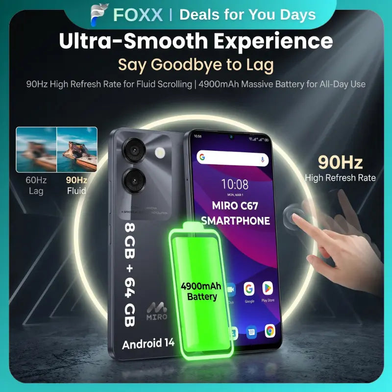 MIRO C67 Unlocked Smartphone | 6.75" 90Hz Display, 4900mAh Battery & 8GB RAM – 64GB Storage, Dual Camera for Everyday Power
