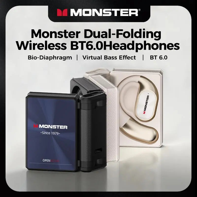 Monster Open-Ear Bluetooth Earbuds | 165H Battery, Noise-Cancelling Mic & Sweatproof – Dual-Fold Design for Running, Workouts & Driving
