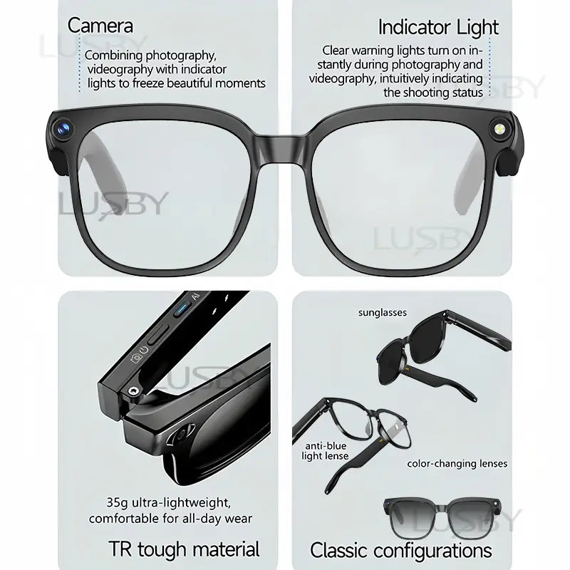 LUSBY Smart AI Camera Glasses | 8MP with Photochromic Lenses & Real-Time Translation – Hands-Free Video & Photo for Travel & Outdoors