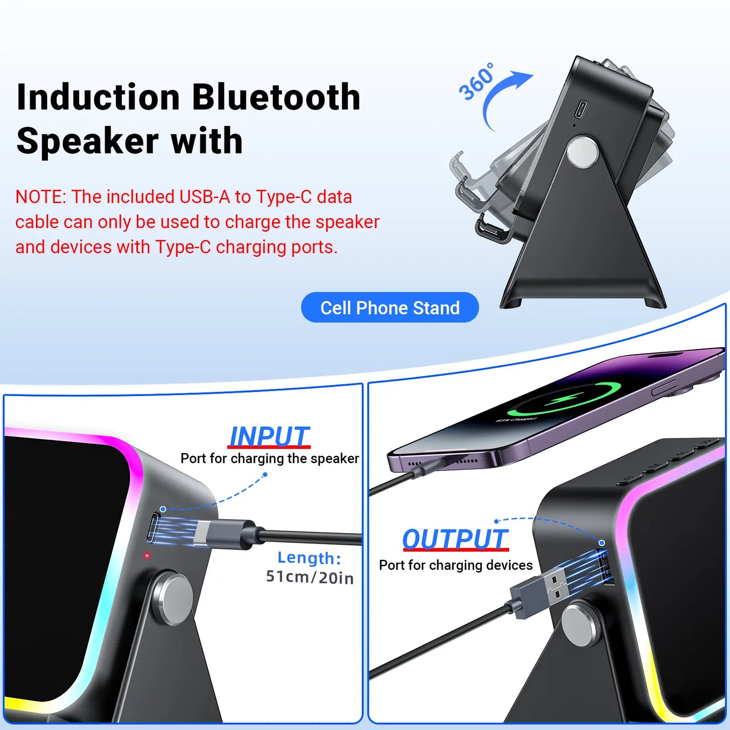 PUTARE 5-in-1 Wireless Speaker Stand | Phone/Tablet Holder with 3500mAh Power Bank – 360° Adjustable, Ambient Light for Desk & Home