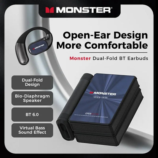 Monster Open-Ear Bluetooth Earbuds | 165H Battery, Noise-Cancelling Mic & Sweatproof – Dual-Fold Design for Running, Workouts & Driving