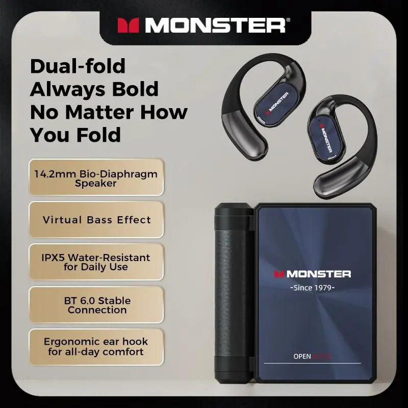 Monster Open-Ear Bluetooth Earbuds | 165H Battery, Noise-Cancelling Mic & Sweatproof – Dual-Fold Design for Running, Workouts & Driving