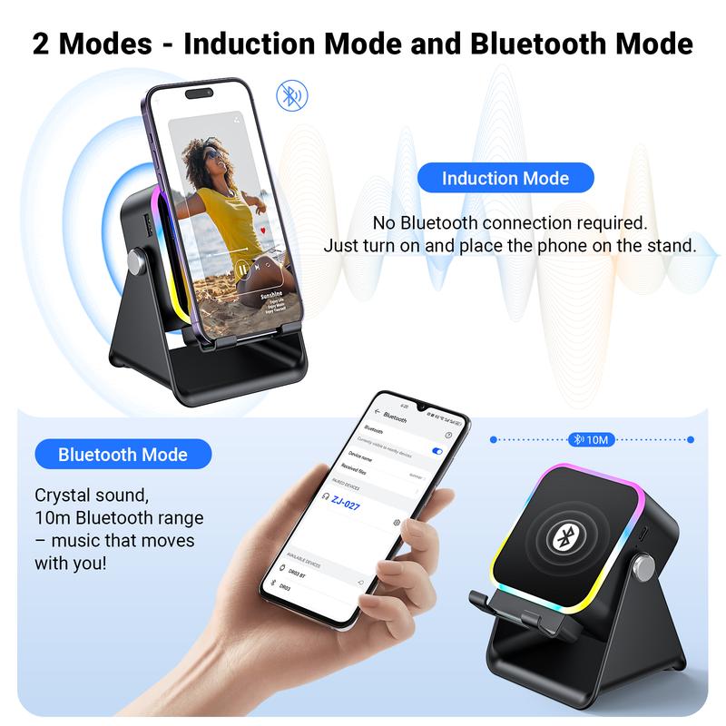 PUTARE 5-in-1 Wireless Speaker Stand | Phone/Tablet Holder with 3500mAh Power Bank – 360° Adjustable, Ambient Light for Desk & Home