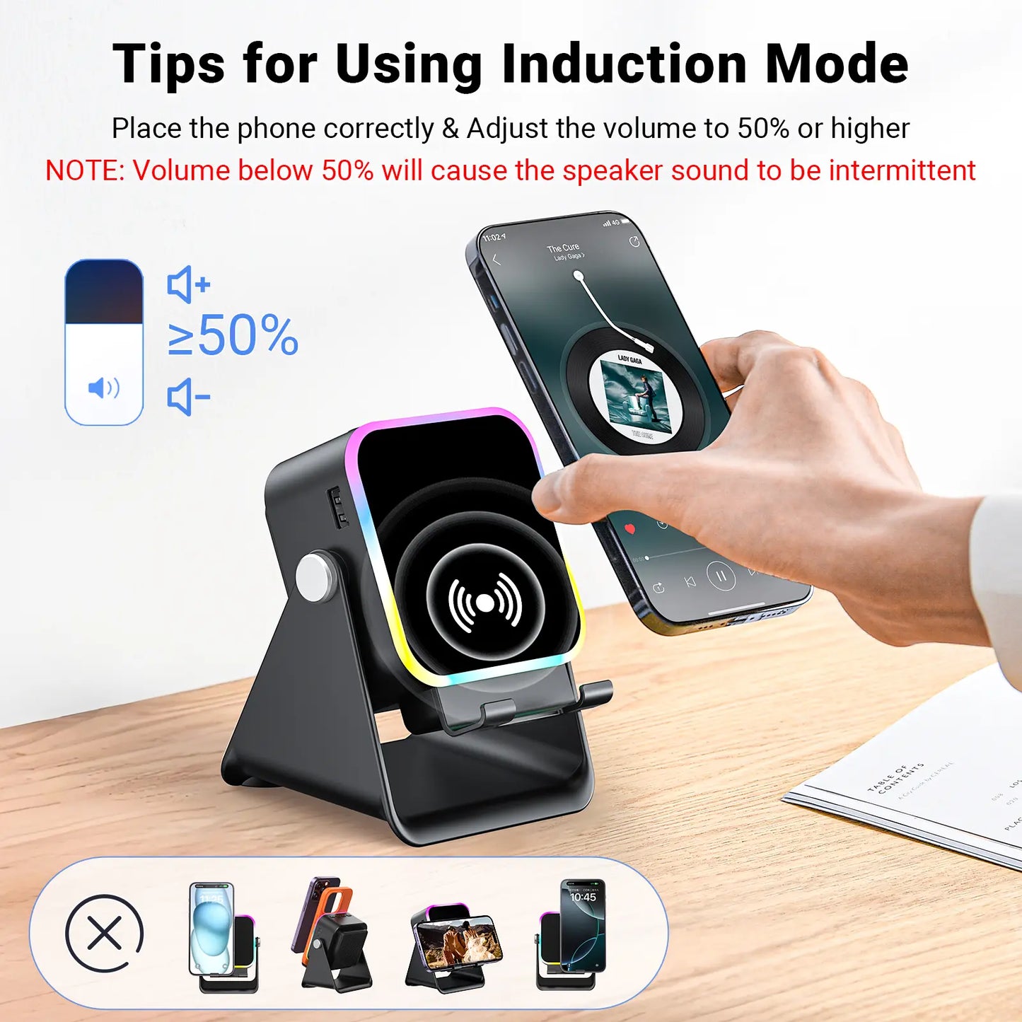 PUTARE 5-in-1 Wireless Speaker Stand | Phone/Tablet Holder with 3500mAh Power Bank – 360° Adjustable, Ambient Light for Desk & Home